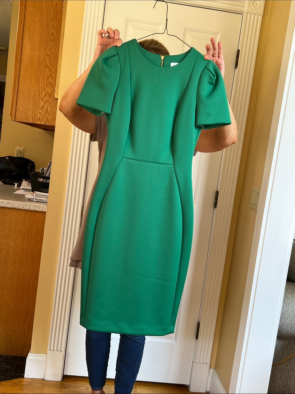 Calvin Klein Emerald Green Ponte Sheath Dress with Puff Sleeves
